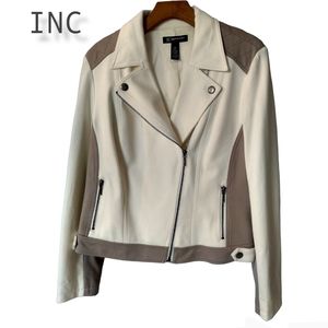 Inc International Concepts 2 Tone Cream Tan Moto Full Zip Snap Jacket PM